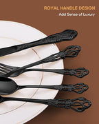 EUIRIO 30 Pieces Royal Silverware Set for 6, Retro Gorgeous Black Flatware Set, Premium Stainless Steel Vintage Cutlery Set with Forks Spoons and Knives, Dishwasher Safe