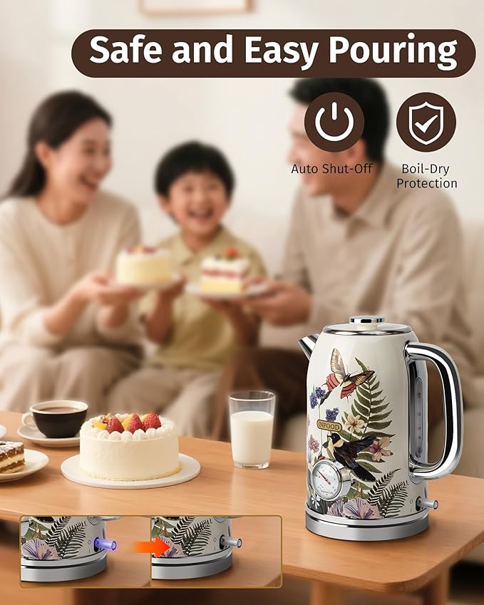 Retro Electric Kettle 1.8L/60.8oz with Thermometer - 1200W Fast Boiling Stainless Steel Tea Kettle with Water Level, BPA-Free, Auto Shut-Off, Boil-Dry Protection, Vintage Floral Design