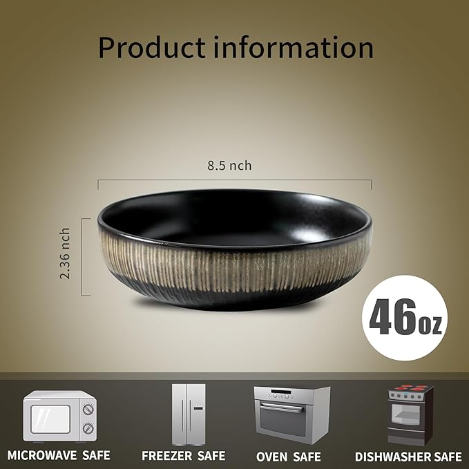 KOOV Ceramic Bowl, 46 OZ Pasta Bowls Set of 4, Large Salad Bowl Set, Large Bowl For Eating, Dinner Bowls, Stackable Serving Bowls, Stripe Series (Rough Black)