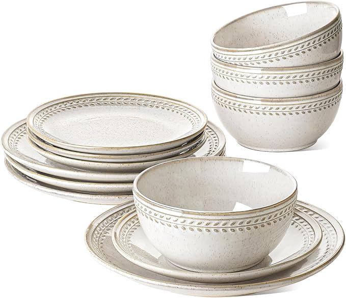Dinnerware Sets for 4, 12 Piece Ceramic Dish Set with Plates and Bowls | Oven/Dishwasher/Microwave Safe | Ideal for Housewarming | Reactive Beige (10" Plate+8" Dish+27oz Bowl)