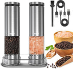 Electric Salt and Pepper Grinder Set Rechargeable, Automatic Salt and Pepper Shakers Mills with 6-Level External Adjustable Coarseness, LED Light, House Warming Cooking Gifts for Women Men