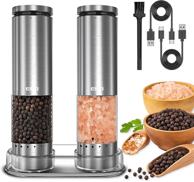 Electric Salt and Pepper Grinder Set Rechargeable, Automatic Salt and Pepper Shakers Mills with 6-Level External Adjustable Coarseness, LED Light, House Warming Cooking Gifts for Women Men