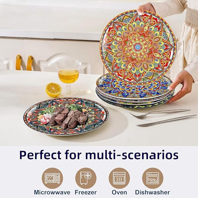 Dinner Plates 6 pcs,8.5 Inch Ceramic Plates, Microwave, Oven and Dishwasher Safe, Colorful Bohemian Style Dishes for Kitchen