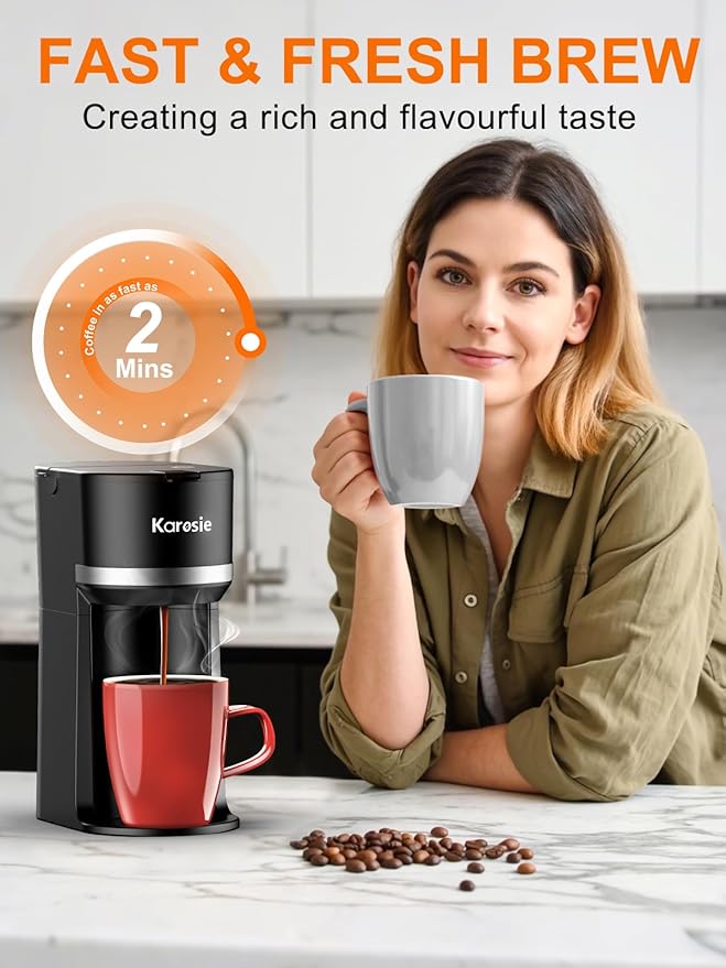 Single Serve Coffee Maker for K-Cup and Ground Coffee, Fast Brew, 6-12 oz Brew Sizes One Cup Coffee Machine Fits 5.5" Mugs, One-Button Small Coffee Maker with Descaling Reminder,Black