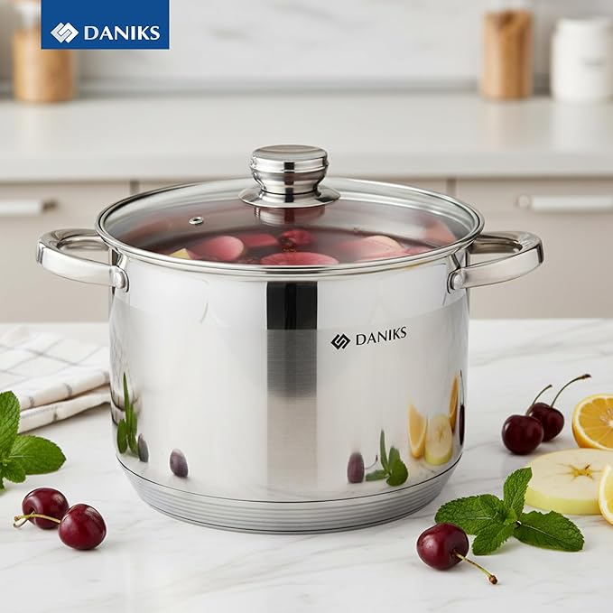 Daniks Standard Stainless Steel Stock Pot with Glass Lid – Induction 10 Quart, Dishwasher Safe, Measuring Scale, For Soup, Pasta, Stew, Silver
