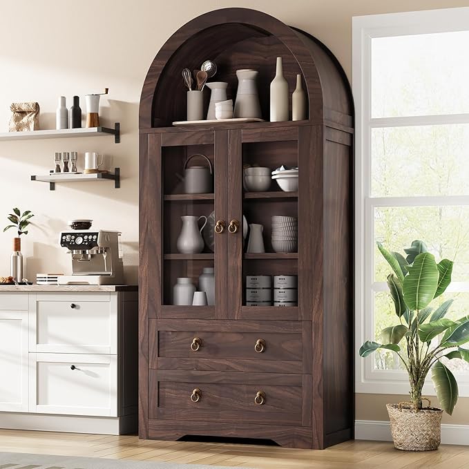 Kitchen Pantry Cabinet, Arched Bookshelf Bookcase China Pantry Storage Cabinet with Drawers Doors and Shelves,71“ Tall Food Pantry Funiture for Living Room,Dining Room (Walnut)