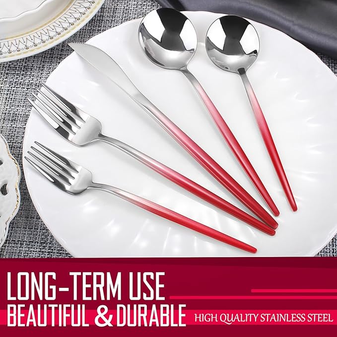 Gradient Red Silverware Set, 20-Piece Stainless Steel Flatware Set, Kitchen Dinnerware Set Service for 4, Include Knife/Fork/Spoon, Mirror Polished, Dishwasher Safe