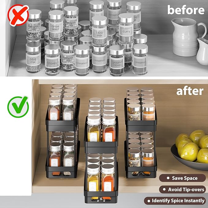 Pull Out Spice Rack Organizer for Cabinet,2-Tier Slide Out Spice Racks Organizer,Easy Installation Cabinet Organizer Seasoning Kitchen Organizer,4.4''Wx10.5''Dx8.26''H,3Pack