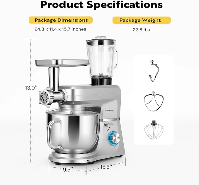VIVOHOME 6 in 1 Multifunctional Stand Mixer with 8.5 Quart Stainless Steel Bowl, 660W 10 Speed Tilt-Head Meat Grinder, Juice Blender, Vegetable Slicer, Pasta and Cookie Maker, Silver