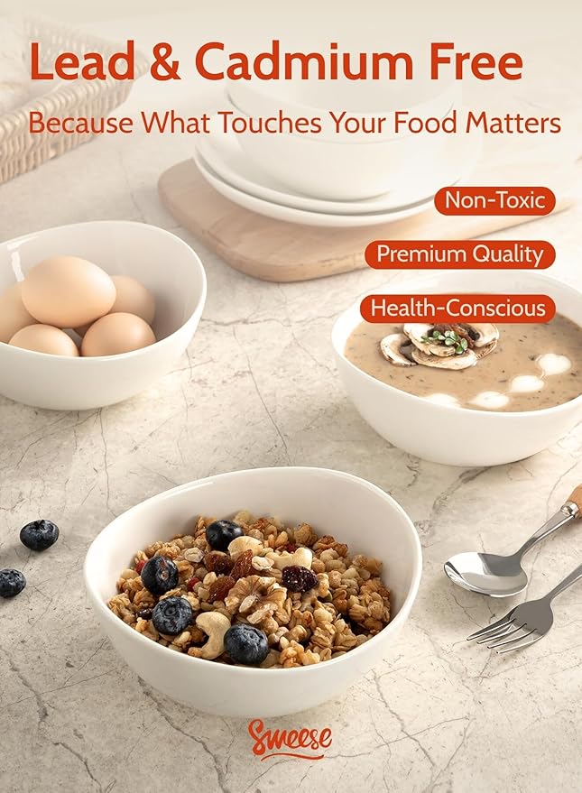Sweese Porcelain Bowls Set of 4-18oz, 6 Inch, Versatile for Soup, Cereal, Fruit, Rice - Microwave, Dishwasher, Oven Safe, White