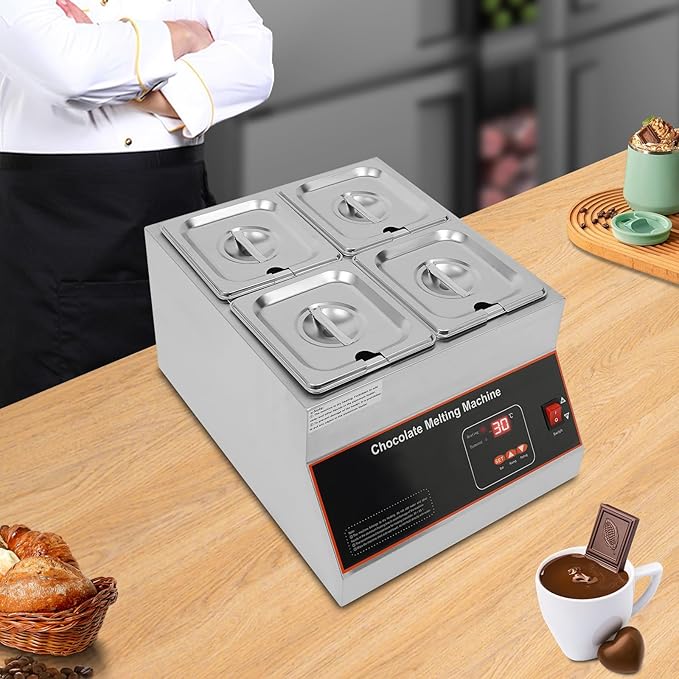 Chocolate Melting Pot, 500W 12kg/26.5lbs Electric Chocolate Tempering Machine, Stainless Steel Commercial Chocolate Melter Food Warmer for Catering Restaurant, 4 Tanks, 32-203°F