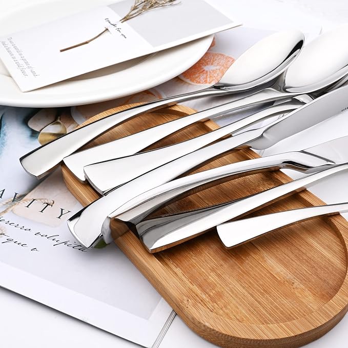 Silver Tableware 20Pcs Mirror Polished 18/10 Stainless Steel Luxury Flatware - Heavy Cutlery Set Service For 4 Include Knives/Forks/Spoons/Salad Fork/Teaspoon, Dishwasher Safe