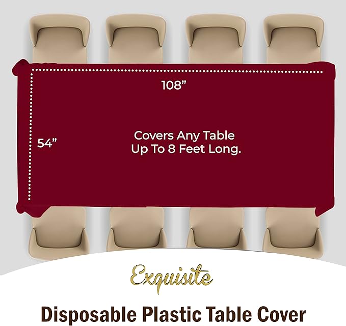 Exquisite 12-Pack Premium Plastic Tablecloth 54in. x 108in. Rectangle Table Cover - Burgundy