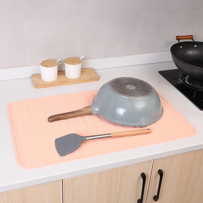 Silicone Dish Drying Mat for Multiple Usage,Easy clean,Eco-friendly,Heat-resistant Silicone Mat for Kitchen Counter or Sink,Refrigerator or Drawer Liner Pink 3XL 28 inches x 18 inches