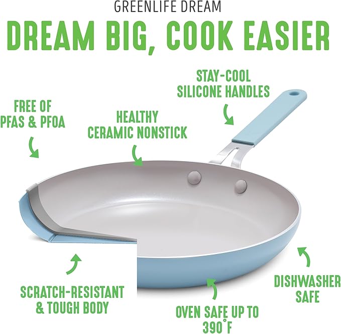 GreenLife 8” & 10” 2 Piece Nonstick Ceramic Frying Pan Set, Lightweight Healthy PFAS-Free Skillets, Dishwasher & Oven Safe, Durable Body, Silicone Stay-Cool Handles, Easy Release, Blue Haze