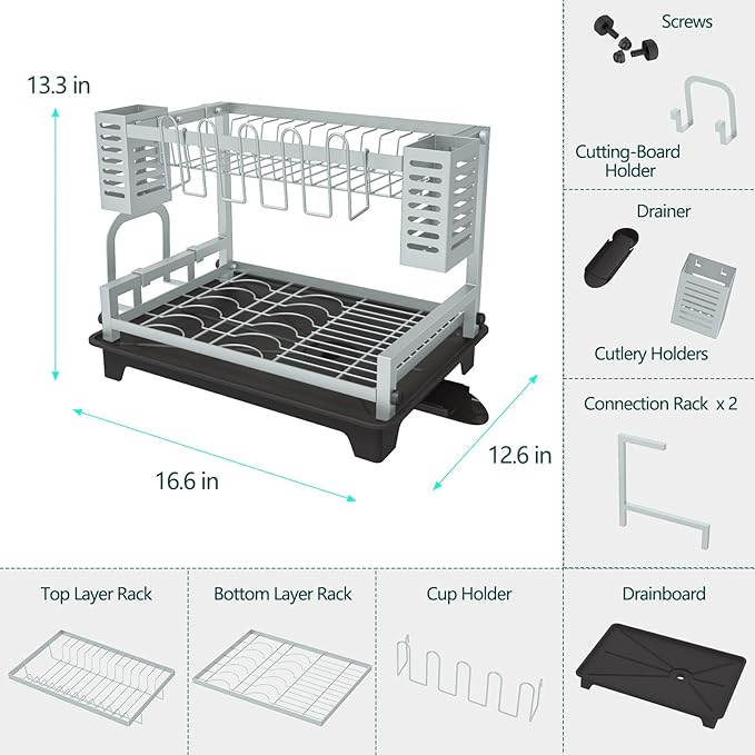 B-Land Dish Drying Rack, 2 Tier Dish Racks for Kitchen Counter, Large Dish Drying Rack with Drainboard & Utensil Holders, Rust-Proof Dish Drainers,Kitchen Organization
