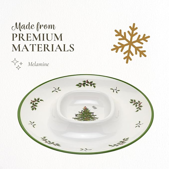 Spode Christmas Tree Melamine Chip and Dip - 14-Inch Serving Platter for Cheese, Appetizers, Chips, Salsa - Durable, Shatterproof, Dishwasher Safe - Ideal for Indoor & Outdoor Holiday Entertaining