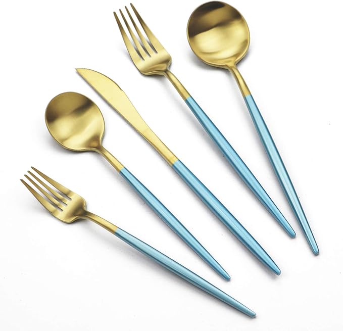 JASHII Luxury 18/10 Blue Handle Flatware Gold Silverware Set 304 Stainless Steel Flatware Cutlery Set| 5-Piece Adaline Royal Modern Satin Finish| BEST Birthday Wedding Gift (Blue Handle Matte Gold)