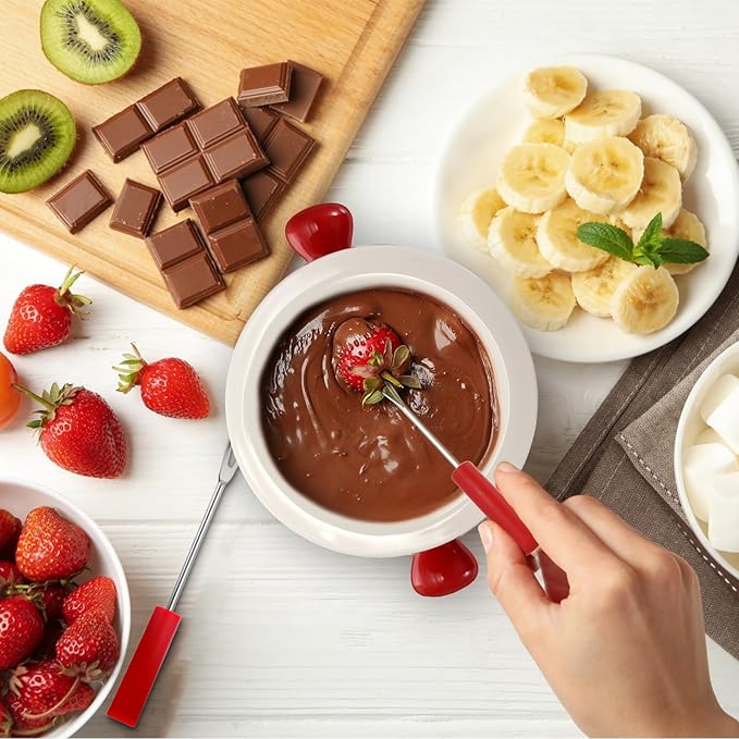 BSTKEY 280ML Ceramic Butter Warmer Set with 2 Forks, Fondue Pot Melting Pot Set, Melt Hot Pot Bowl Set for Cheese Chocolate Butter Caramel (Red)