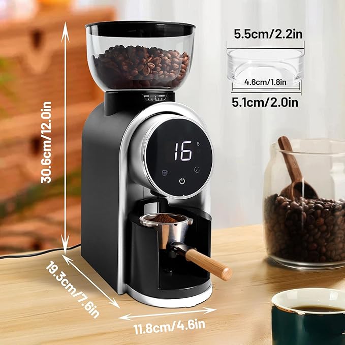 Electric Coffee Grinder Touchscreen 2-14 Cup Conical Burr Coffee Grinder with 25 Grinding Settings Cleaning Brush Grindable Espresso Drip Coffee French Press for Home Use 110V Black