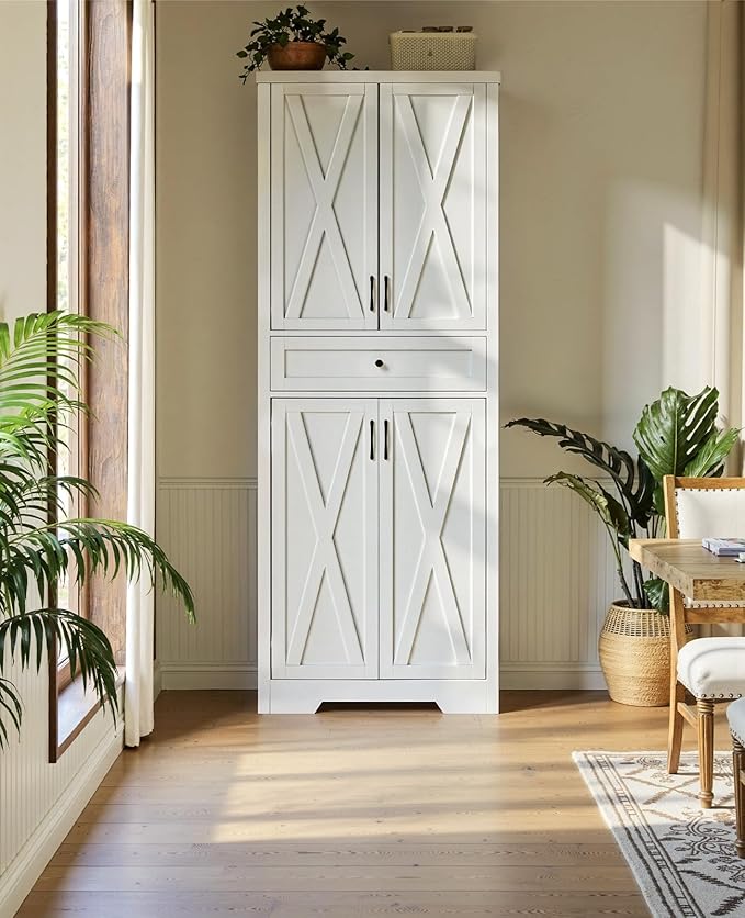 68'' Farmhouse Kitchen Pantry Cabinet with Adjustable Shelves, Tall Storage Cabinet with Barn Doors, Freestanding Versatile Cupboard for Dining Room, White