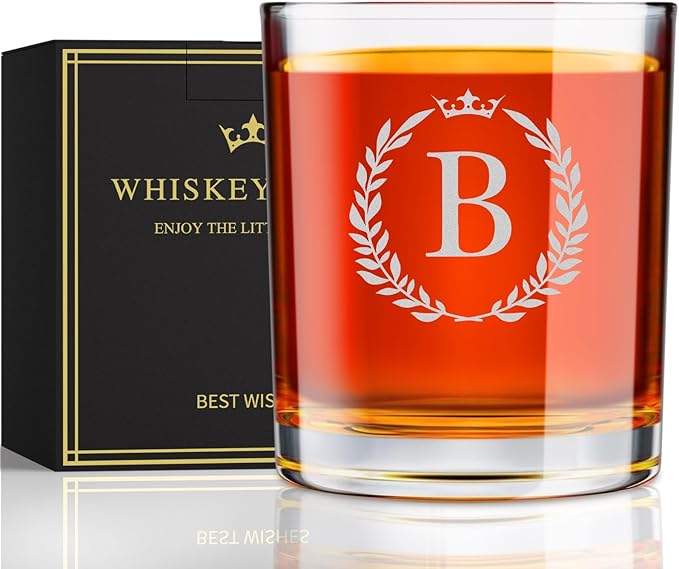 Personalized Whiskey Glasses Gifts for Men, Monogrammed Engraved A-Z 10.6 oz Rocks Glass Customized Gift, Unique Christmas Birthday Gifts for Men Him Dad Husband Brother Son (B)