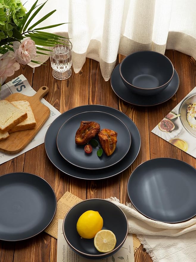 Famiware Venus Ceramic Plates and Bowls Sets, Speckled Dinnerware Dish Sets for 8 (24 Pieces) - Microwave and Dishwasher Safe, Matte Charcoal