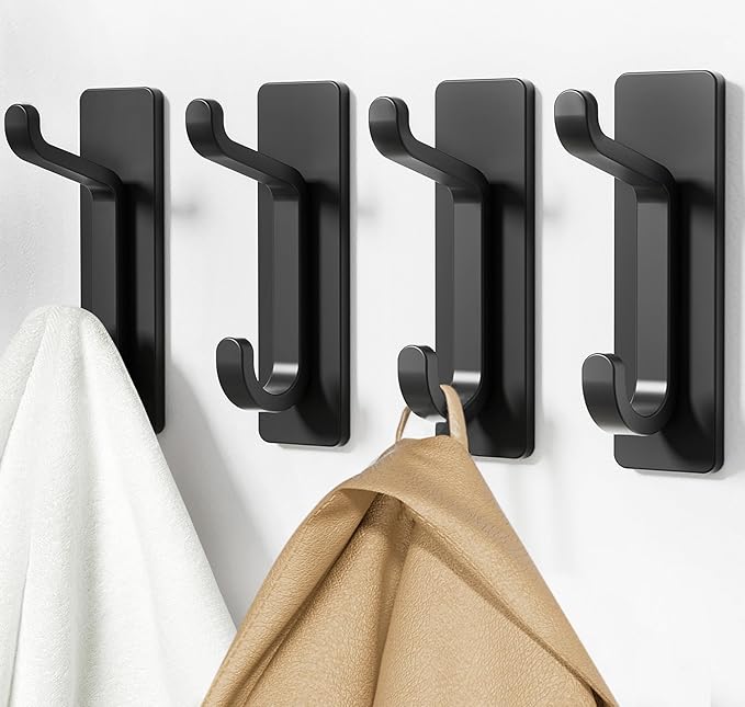 Wall Hooks for Coat and Towel: 13LB Adhesive Door Hanger Stick on, Black 6 Pack