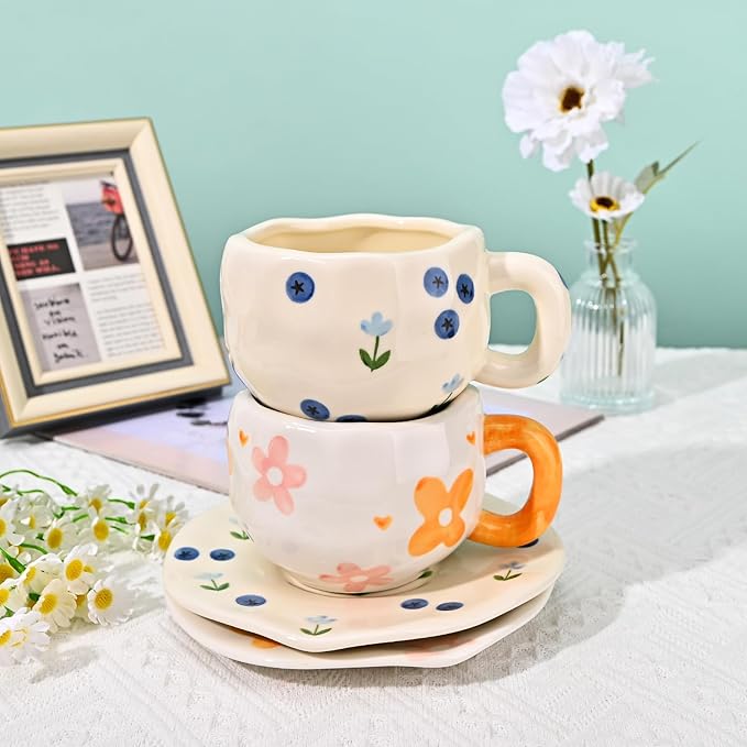 Koythin Ceramic Coffee Mug with Saucer Set, Cute Creative Blueberry Flower Cup Unique Irregular Design for Office and Home, 10 oz/300 ml for Latte Tea Milk