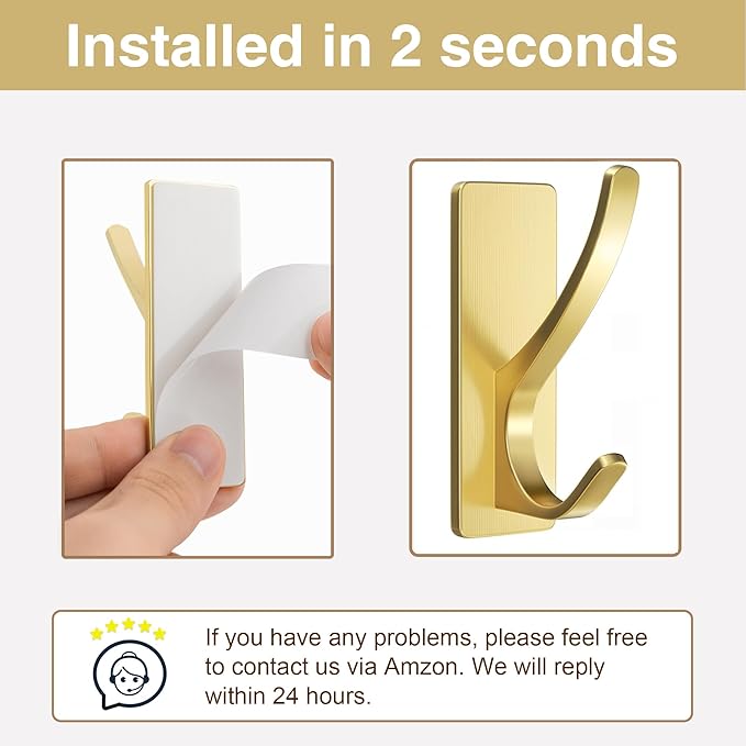 Self Adhesive Coat Hooks for Hanging, Heavy Duty Stainless Double Wall Hook for Towel, Backpack, Hat, Sturdy Metal Hanger for Bathroom, Bedroom, Door, Wall Mounted, 4-Pack, Bling Gold