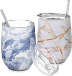 THILY Stainless Steel Insulated Wine Tumblers 12 oz Cute Travel Stemless Glasses with Sliding Lids and Metal Straws, Keep Hot or Cold for Wine, Coffee, Juice, 2 Pack(Gold Marble + Blue Marble)