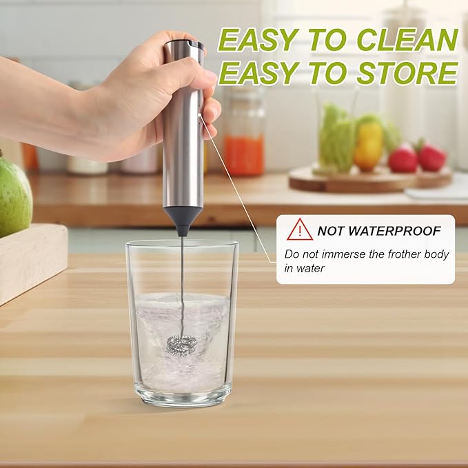 Electric Milk Frother Handheld with Small Wooden Spoon, Mini Coffee Frother Wand Rechargeable 3-Speed Drink Mixer Stainless Steel Matcha Whisk For Latte, Matcha Powder, Cappuccino, Hot Chocolate, Egg