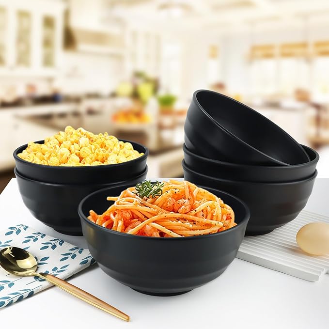 Wheat Straw Bowls Unbreakable Large Salad Bowls 60 OZ Set of 6, Microwave and Dishwasher Safe Large Plastic Bowl, Big Bowl for Eating, Serving Soup, Ramen, Popcorn (Black)