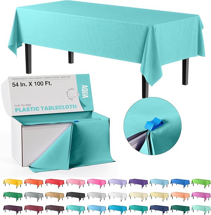 Exquisite Party Solids 54 Inch X 100 Feet Aqua Plastic Table Cover Roll in A Cut - to - Size Box with Convenient Slide Cutter. Cuts Up to 12 Rectangle 8 Feet Plastic Disposable Tablecloths