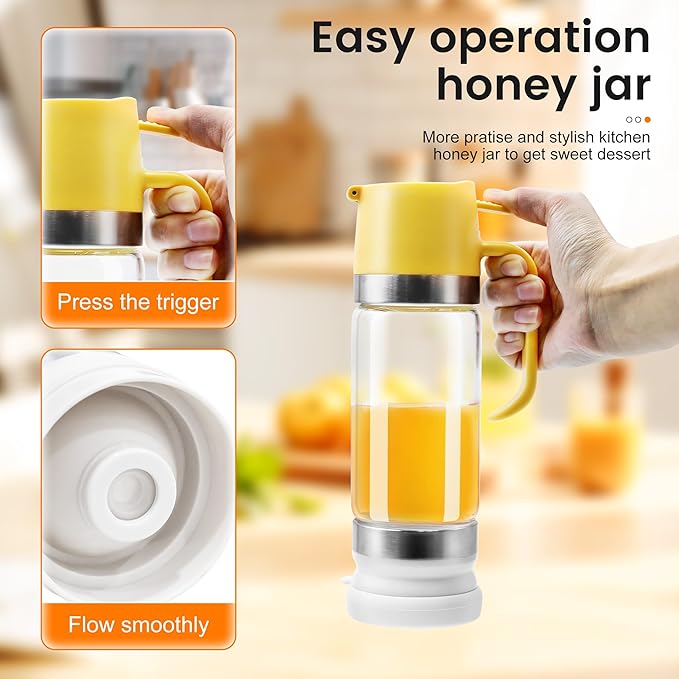 Glass Honey Dispenser No Drip with Stand, 12 OZ Honey Pot Jar with Handle, Syrup Dispenser for Coffee or Tea, Yellow