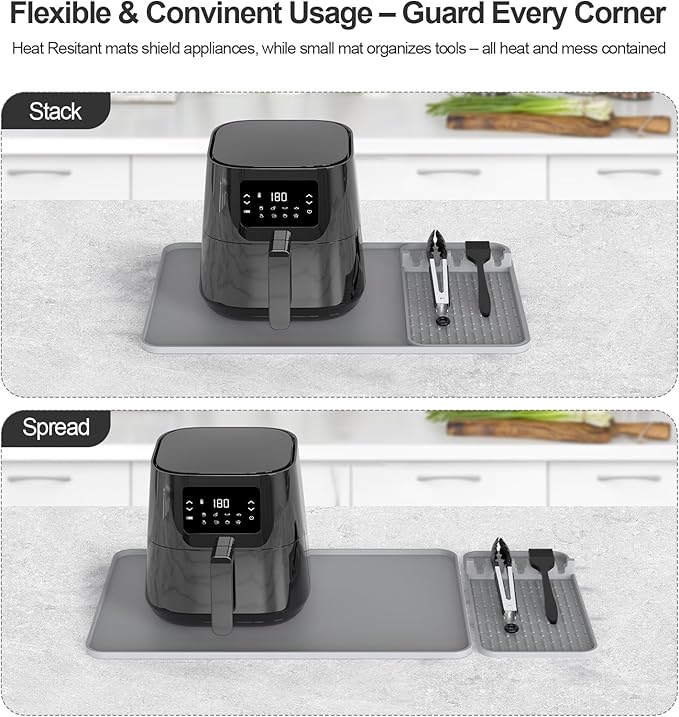 Silicone Heat Resistant Mats for Countertop,24x16 Inch Air Fryer Mat with Kitchen Accessories Holder Pad for Microwave/Oven,Compatible with Ninja/Cosori/Chefman/Toshiba,Kitchen Countertop Protector