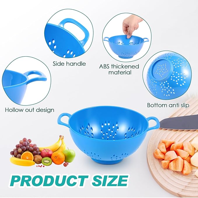 Baderke 4 Pack Mini Colander for Kitchen Plastic Berry Strainer with Double Handles 7.5 x 6 x 3 Inch Small Colander Strainer for Fruits Vegetables Food(Light Blue, Army Green, White, Blue)