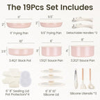 Chef Power Ceramic Nonstick Pots and Pans Set 19 Piece with Detachable Handle, Induction Dishwasher Oven Safe Cookware Set, RV Kitchen Set Removable Handle (Light Pink)