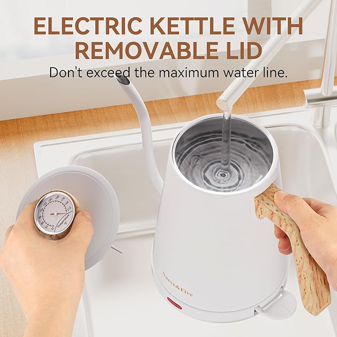 Nueve&Five Gooseneck Electric Kettle with Thermometer,Electric Tea Kettle 1L with Auto Shut-Off,1000W Hot Water Kettle of Stainless Steel for Coffee & Tea -White