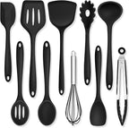 TeamFar Silicone Cooking Utensils, 10 pcs Kitchen Cooking Utensils Set, 446°F Heat Resistant Kitchen Gadgets Tools Set w/Spatula, Turners, Spoons, Soup Ladle, Pasta Server for Nonstick Cookware, Black