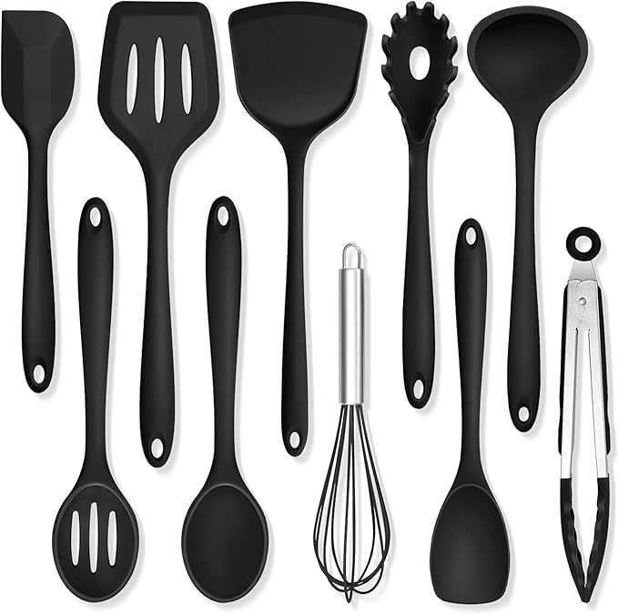 TeamFar Silicone Cooking Utensils, 10 pcs Kitchen Cooking Utensils Set, 446°F Heat Resistant Kitchen Gadgets Tools Set w/Spatula, Turners, Spoons, Soup Ladle, Pasta Server for Nonstick Cookware, Black