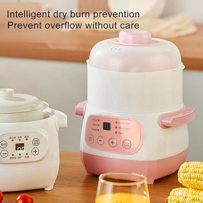 Electric Stew Pot, 1L 200W Appointment Timing Smart Slow Cooker with Steamer & Boil Dry, Automatic Mini Ceramic Pot with Lid, Digital Porridge Soup Pot for Home