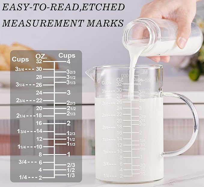 Ackers Etched Graduated Glass Measuring Cup - [Insulated Handle | V-Shaped Spout] - High Borosilicate Glass Measuring Cup for Kitchen or Dining, Easy to Read,1000 ML (32 Oz, 4 Cup)