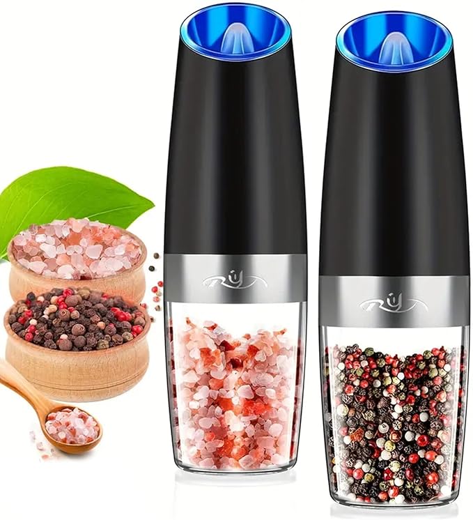 Gravity Electric Salt and Pepper Grinder Set, Automatic and Battery-Operated with Adjustable Coarseness, LED Light, One Hand Operated By Rongyuxuan