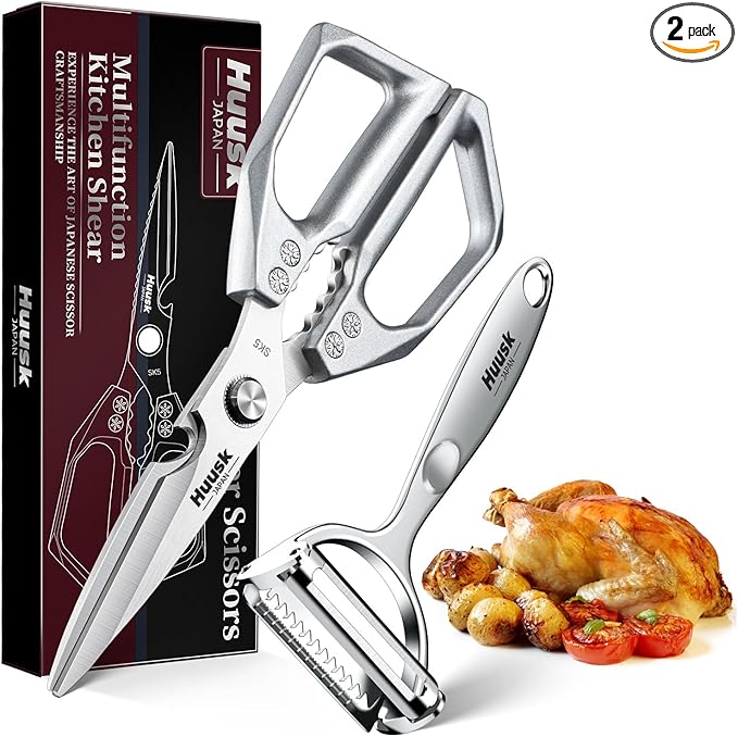 HUUSK Kitchen Scissors and Vegetable Peeler Set - Silver Stainless Steel Cooking Kitchen Shears for Food with Serrated Peeler, Heavy Duty Japanese Style Dishwasher Safe Meat Scissors for all Purpose