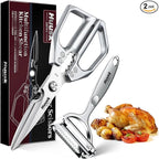 HUUSK Kitchen Scissors and Vegetable Peeler Set - Silver Stainless Steel Cooking Kitchen Shears for Food with Serrated Peeler, Heavy Duty Japanese Style Dishwasher Safe Meat Scissors for all Purpose