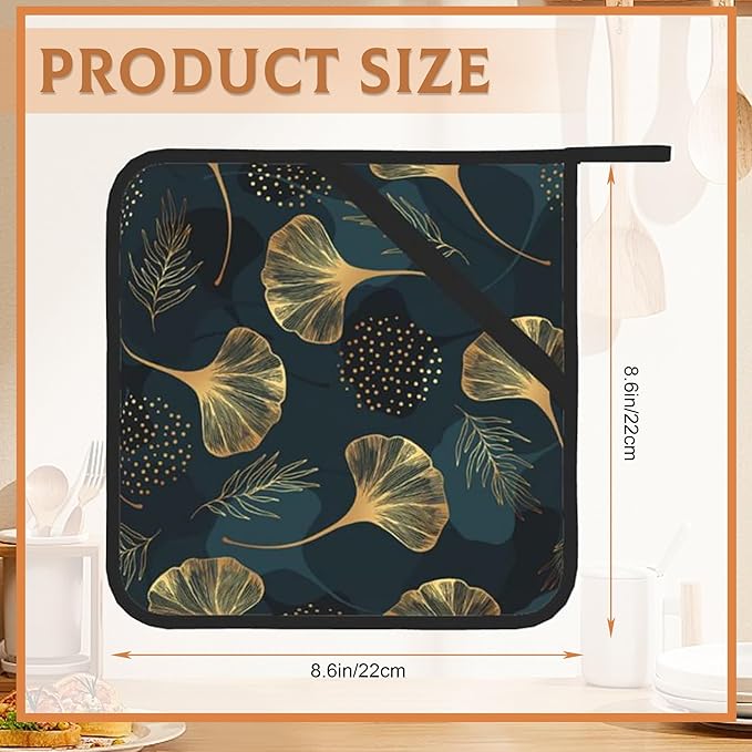 Ginkgo Leaves Pot Holders Set of 2, Kitchen Heat Resistant Vintage Floral Potholder for Microwave Cooking Baking Oven End Dishes and BBQ