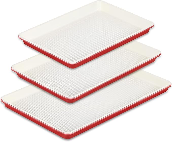 HONGBAKE 3 Pack Nonstick Ceramic Baking Sheet Pan Set for Oven, Non-Toxic Half/Quarter/Jelly Roll Pans with Diamond Texture, 0.8mm Aluminized Steel Cookie Trays for Cooking, Christmas Red & Cream