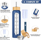 32 oz Glass Water Bottle with Straw - Motivational Time Marker & Silicone Sleeve - Reusable Tumbler Includes 2 Bamboo Lids & Fruit Infuser - 1 Pack