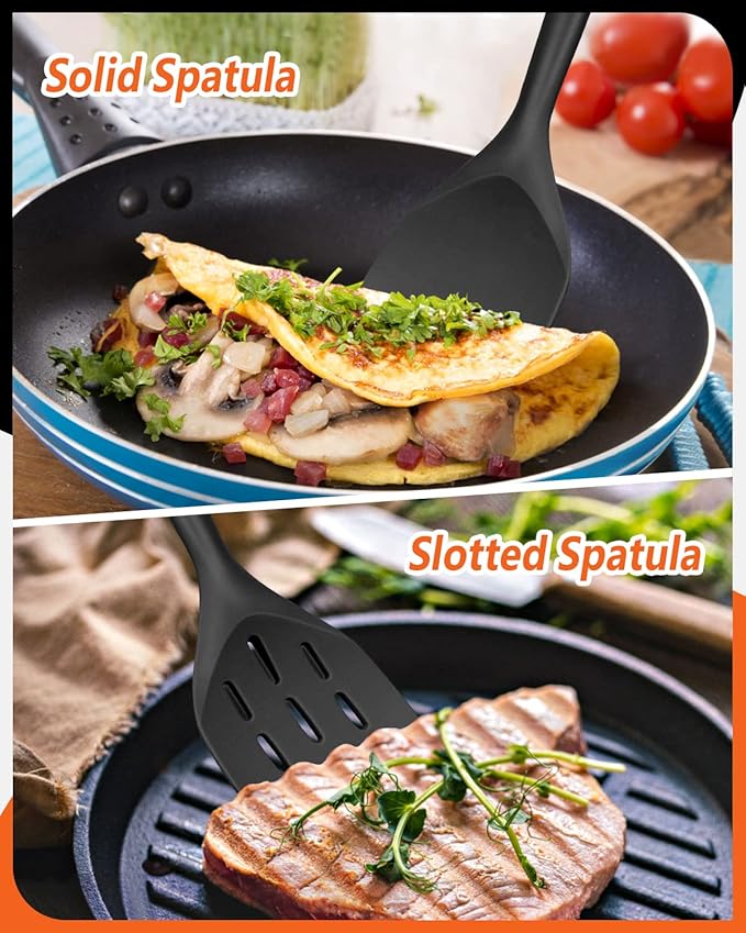 Pack of 2 Silicone Spatula, Non Stick Cooking Utensil Set Wooden Handle Kitchen Turner for Baking Mixing Grilling Serving Food Heat Resistant Non Scratch Hooks Included (Black)